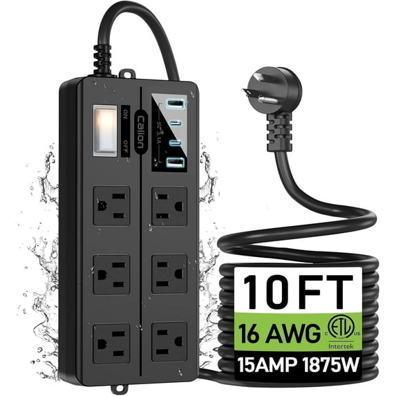 Outdoor Power Strip Weatherproof,Patio Waterproof Surge Protector with 4 USB Ports and 6 Outlets, 10 FT Extension Cord with Flat Plug,Shockproof Overload Protection,Mountable for Home Office Porch