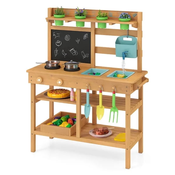 Outdoor Pretend Play Kitchen Station, Wooden Mud Kitchen with Faucet, Removable Sinks, Chalkboard, Gardening Tools and Multi-Layer Storage Shelves for Backyard Patio Use
