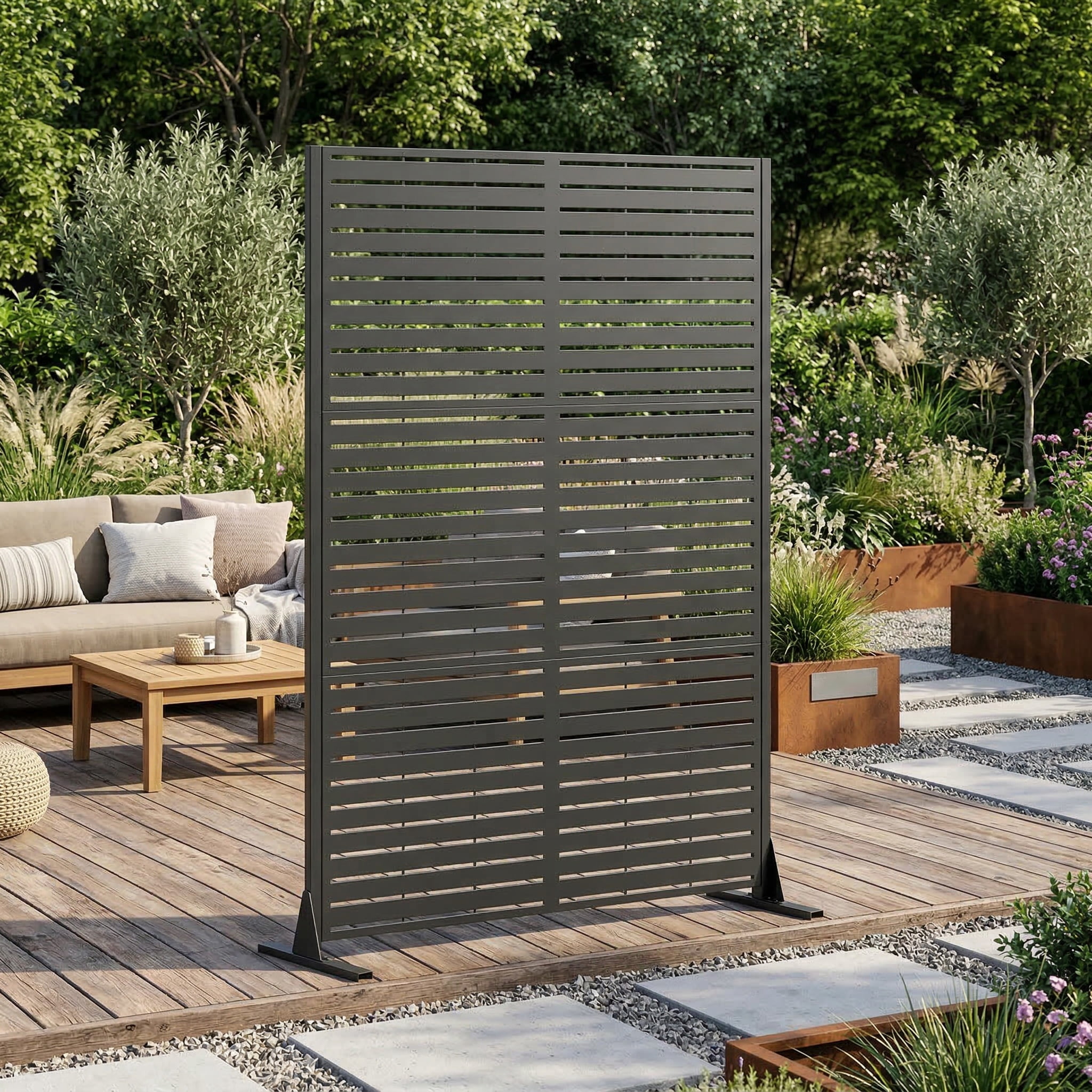 Outdoor Privacy Screen, 72x46 Inch Freestanding Metal Fence for Garden Backyard Patio Decor, Black