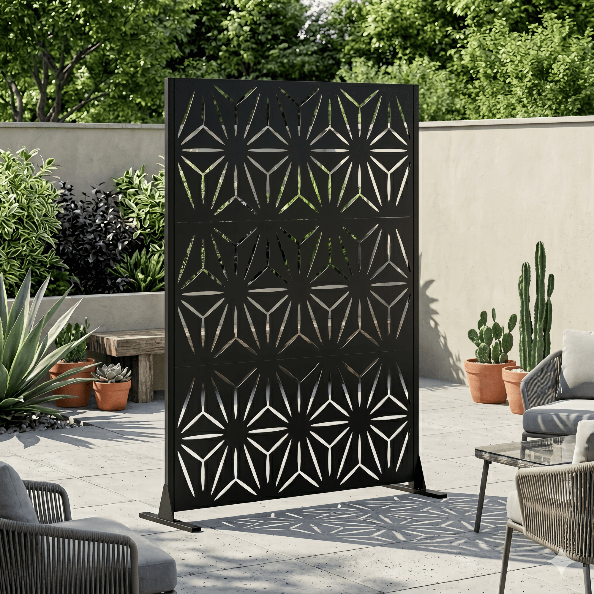 Outdoor Privacy Screen, 72x46 Inch Freestanding Metal Fence for Garden Backyard Patio Decor, Black