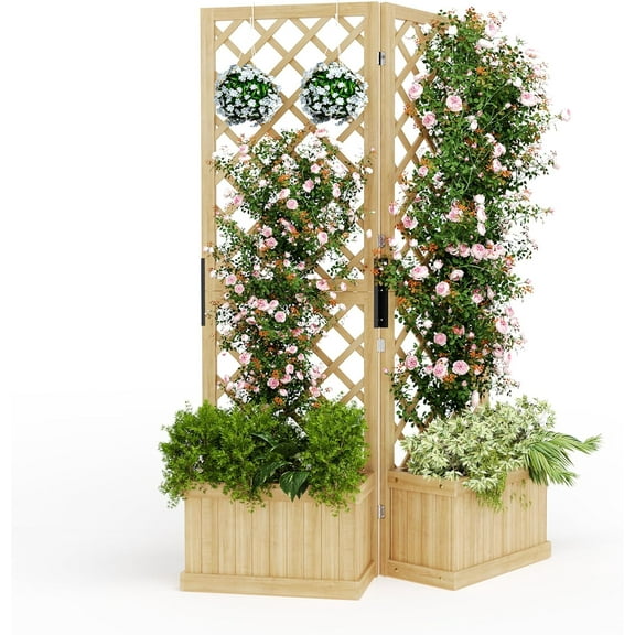 Outdoor Privacy Screen with Planter Box - 2-Panel Freestanding Garden Fence,41"x10"x65" Tall Outdoor Divider with Drain Holes & Raised Bed for Patio,Deck & Backyard (Natural Wood)