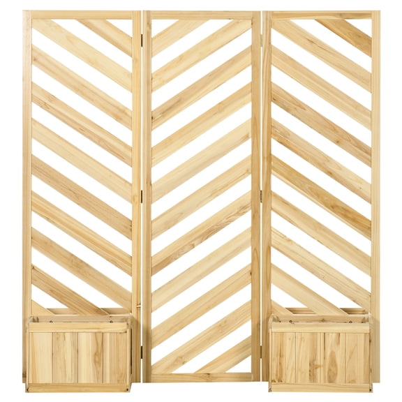 Outdoor Privacy Screen with Planters, 62.25 Freestanding Decorative Garden Divider, 3-Panel Trellis Plant Support for Patio, Backyard, Natural Wood
