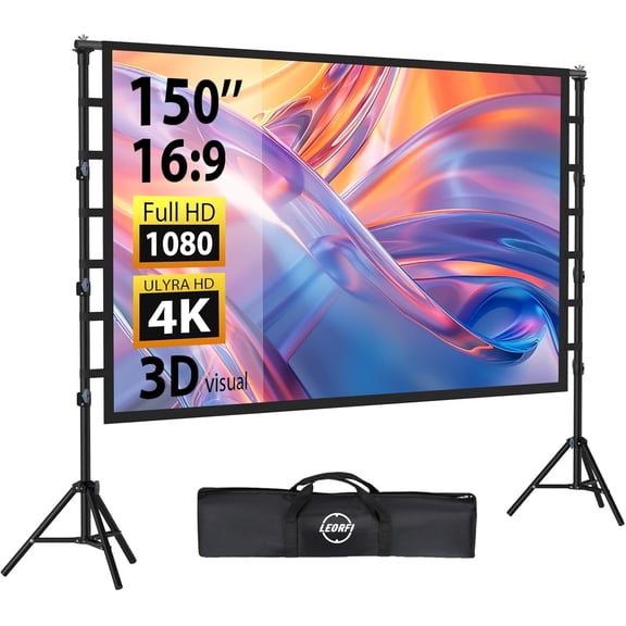 Outdoor Projector Screen with Stand: 150 inch Projector Screen Portable, Indoor Projections Screen and Stand, Rear Front Movie Screen 16:9 4K Full HD,Support Height Adjustable for Home Theater
