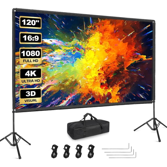 Outdoor Projector Screen with Stand, Qoolfoto 120 Inch Portable Screen, Indoor Projection 16:9 4K HD Wrinkle-Free Movie Carry Bag for Backyard Movies Home Theater