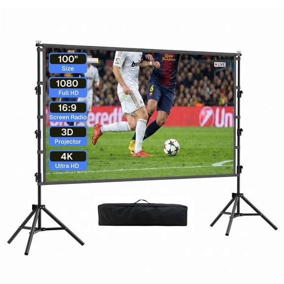 BN-LINK 100 inch Projector Screen with Stand, 16:9 4K HD Portable Movie Screen Indoor Outdoor, Foldable Wrinkle-Free Projection Screen for Home Theater, Camping,Parties