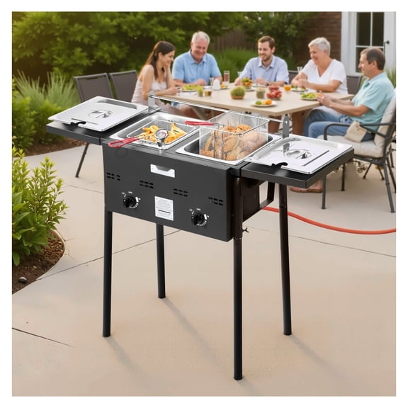 Outdoor Propane Deep Fryer - Dual Tank 16QT Commercial Fryer - Stainless Steel with Foldable Table - Dual Basket - Restaurant & Home Use
