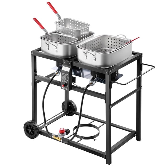 Outdoor Propane Deep Fryer Dual Tank 18QT x2 Commercial Fryer Portable Frying Cart with 3 Baskets 2 Thermometers 40000 BTU Stainless Steel Cooker for Fish Wings Fries