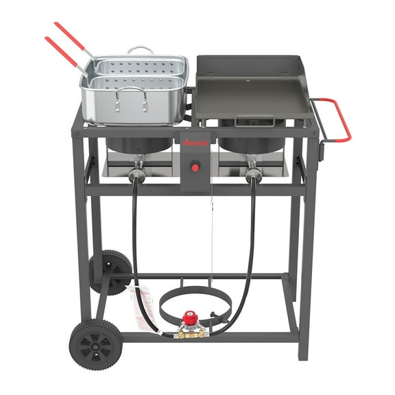 Outdoor Propane Deep Fryer & Griddle Combo 2-in-1 Double Burner Cooking Station with Wheels, Portable Propane Stove for BBQ, Camping, Tailgating & Backyard Parties