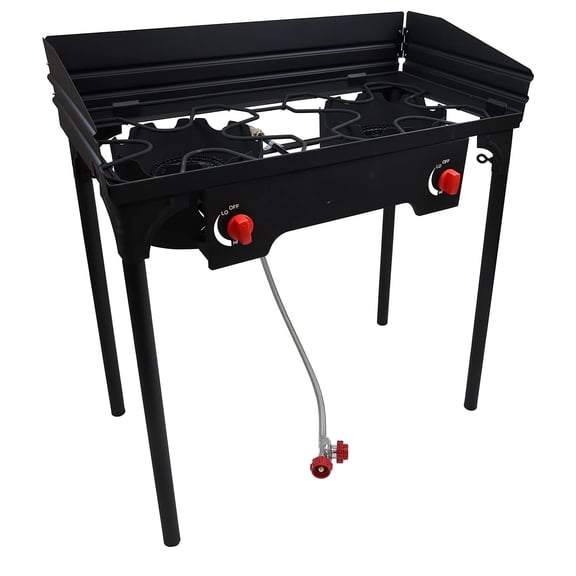 Outdoor Propane Double Burner Camp Stove, High Pressure 2 Burner Cooking Stove with Adjustable PSI Regulator, 4ft Hose and Removable Legs