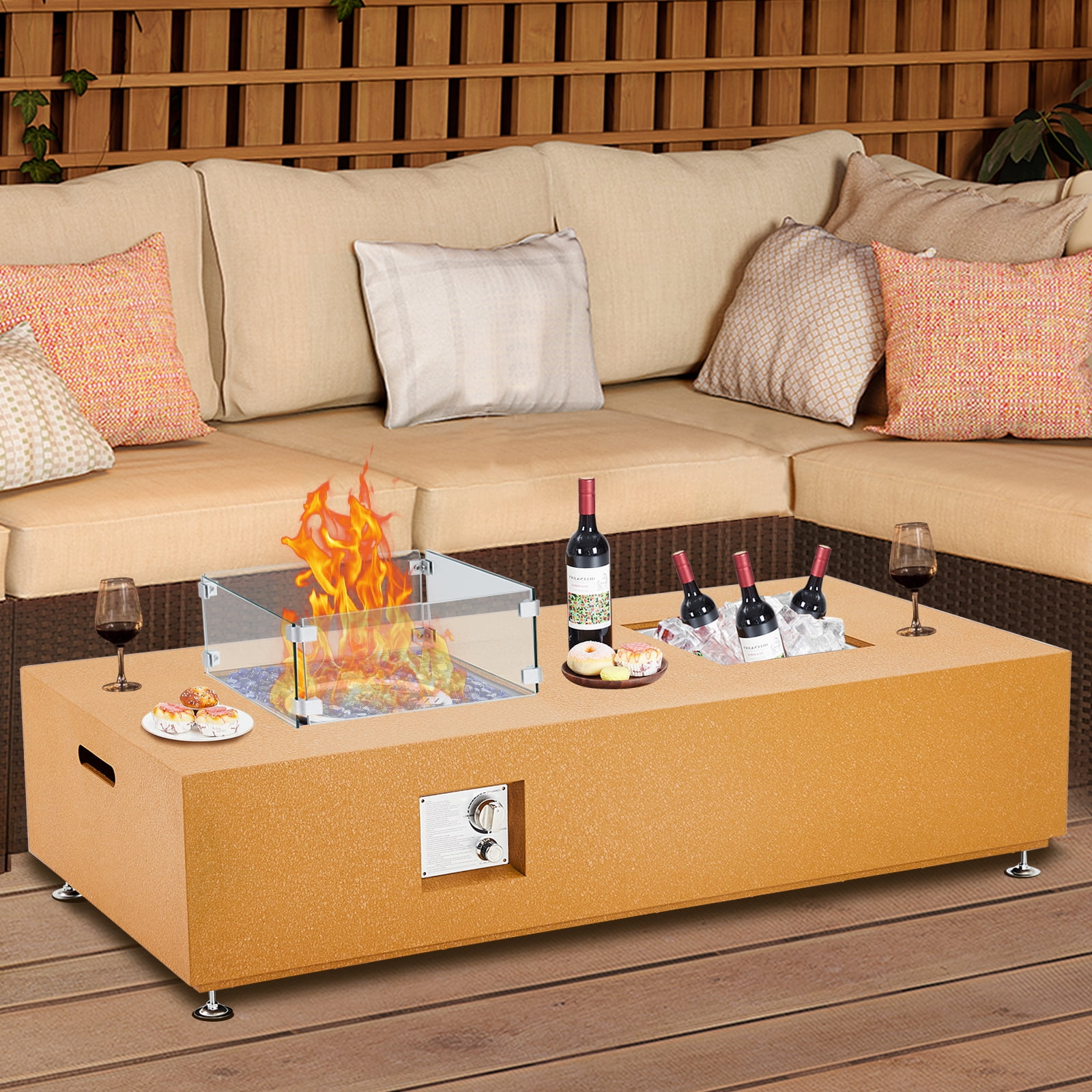 Outdoor Propane Gas Fire Pit Table, 50000 BTU Firepit with Wind Guard, Rain Cover for Outside Patio