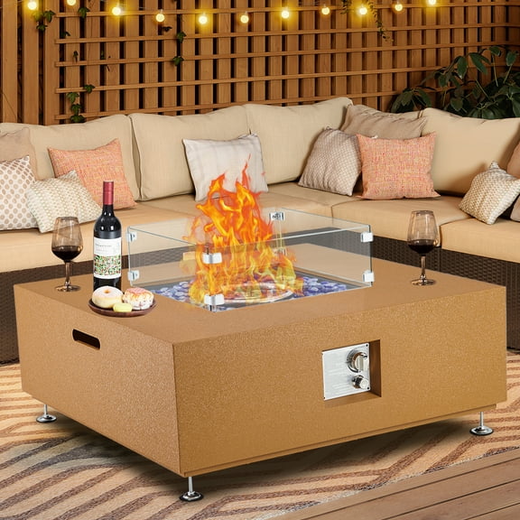 Outdoor Propane Gas Fire Pit Table, 50000 BTU Firepit with Wind Guard, Rain Cover for Outside Patio