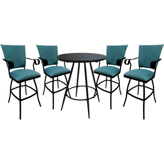 Jenna Outdoor Pub Set with 30" Stool Arms Padded Back in Aqua/Black Frame