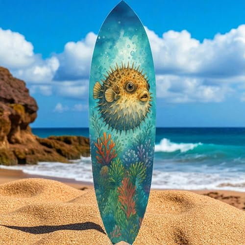 Outdoor Pufferfish Surfboard Wall Art – Coastal Beach House Decor, Vibrant Ocean-Themed, PVC Tropical Fish Surfboard Sign, 4 Foot