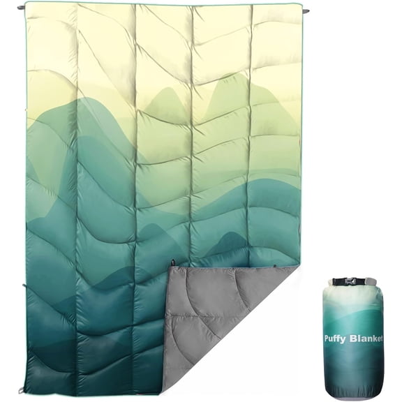 Outdoor Puffy Camping Blanket, Lightweight Down Alternative Printed Large Ultra Warm Quilt Waterproof for Traveling Picnic Beach Party Cold Weather (Green Mountain)