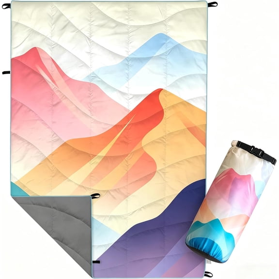 Outdoor Puffy Camping Blanket, Lightweight Down Alternative Printed Large Ultra Warm Quilt Waterproof for Traveling Picnic Beach Party Cold Weather (Multicolored Mountain)
