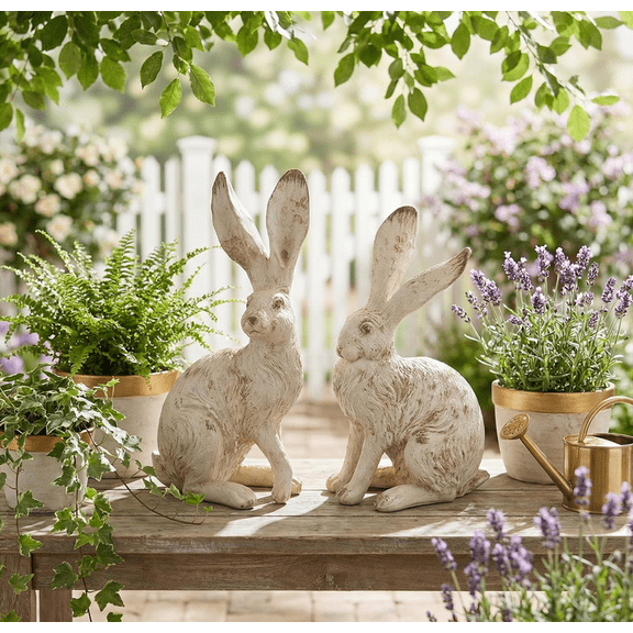 Outdoor Rabbit Garden Statue - Large Easter Bunny Decor Grey Resin Animal Sculpture for Home Lawn Yard Decorations Womens Gifts - (A & B)_9.84"