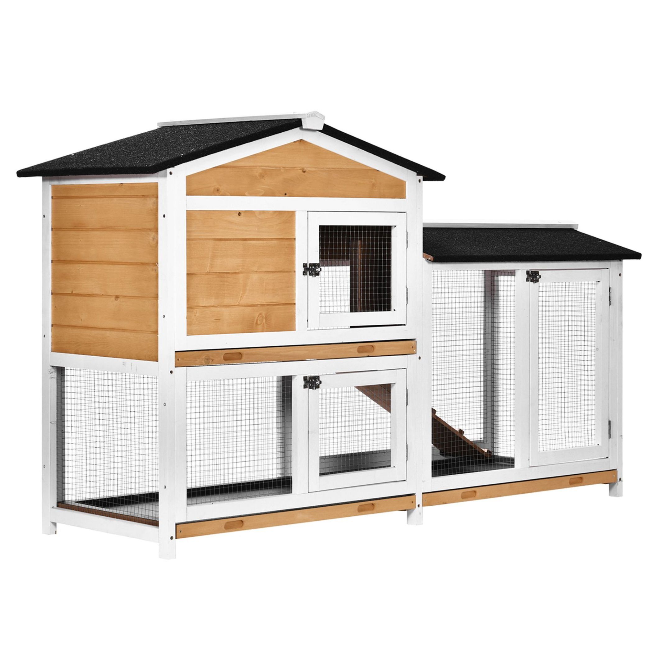Outdoor Rabbit Hutch 2-Story Wooden Bunny Cage with Ramp Weatherproof Roof Yellow