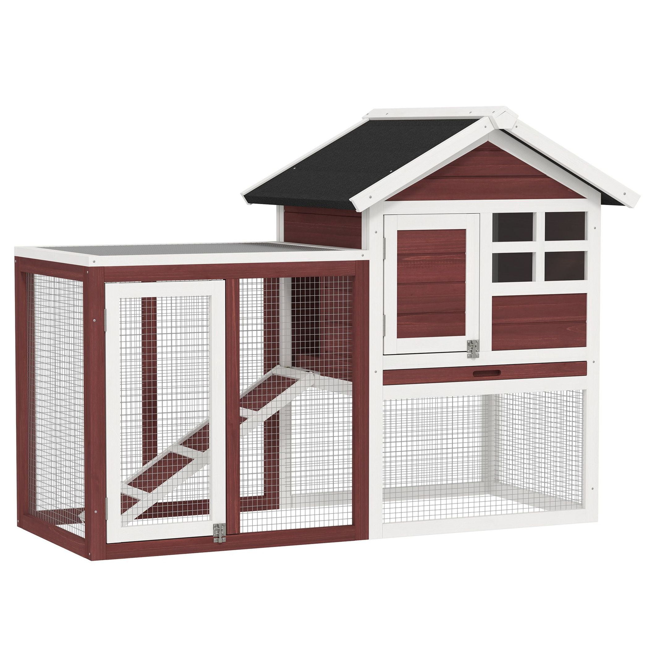 PawHut Large 48" Wooden Bunny Hutch with Weatherproof Asphalt Roof, Spacious Outdoor Rabbit Cage, Detachable Tray and Ramp, Natural Habitat, Brown