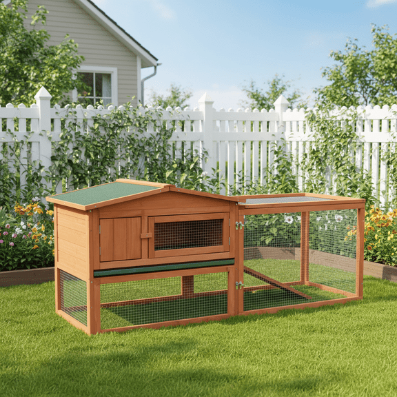 Outdoor Rabbit Hutch Cage with Run Wooden Bunny House Tilt Roof Wire Mesh Ventilation Slide Out Tray Ramp Detachable Run for Backyard Patio Garden for Rabbits Guinea Pigs Tortoise Easy Access Top Lid