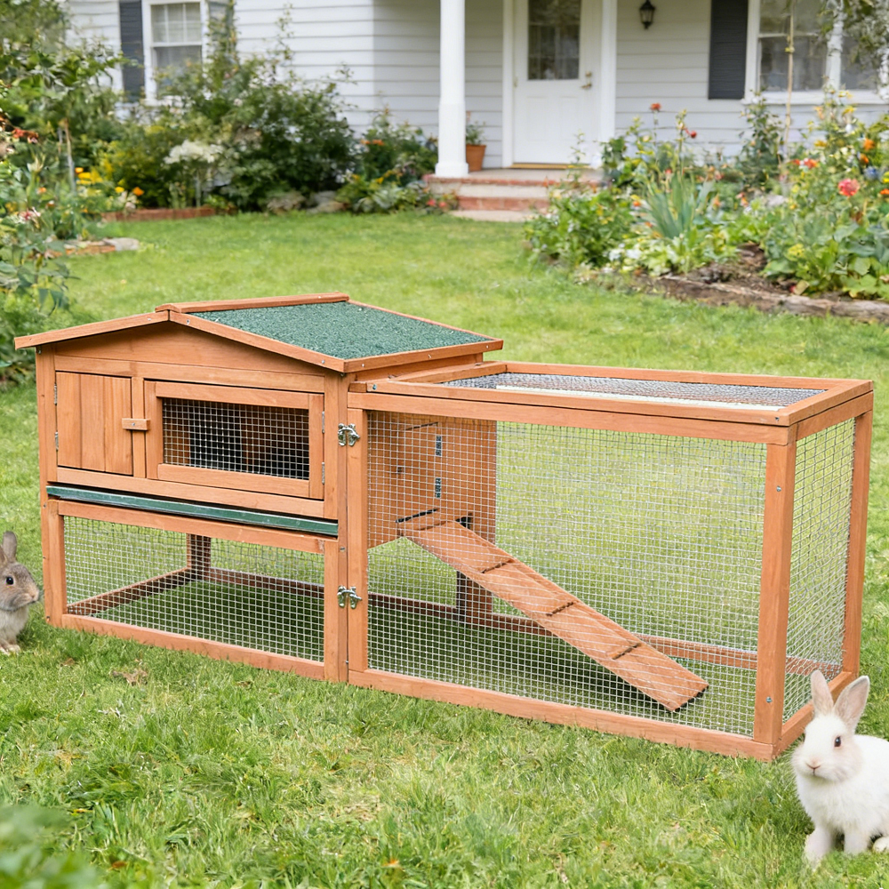 Outdoor Rabbit Hutch Wooden Bunny Cage with Run Large Rabbit House for Backyard Garden Patio Waterproof Fir Wood Small Animal Habitat for Rabbits Guinea Pigs Tortoises Ferrets with Ramp Tray