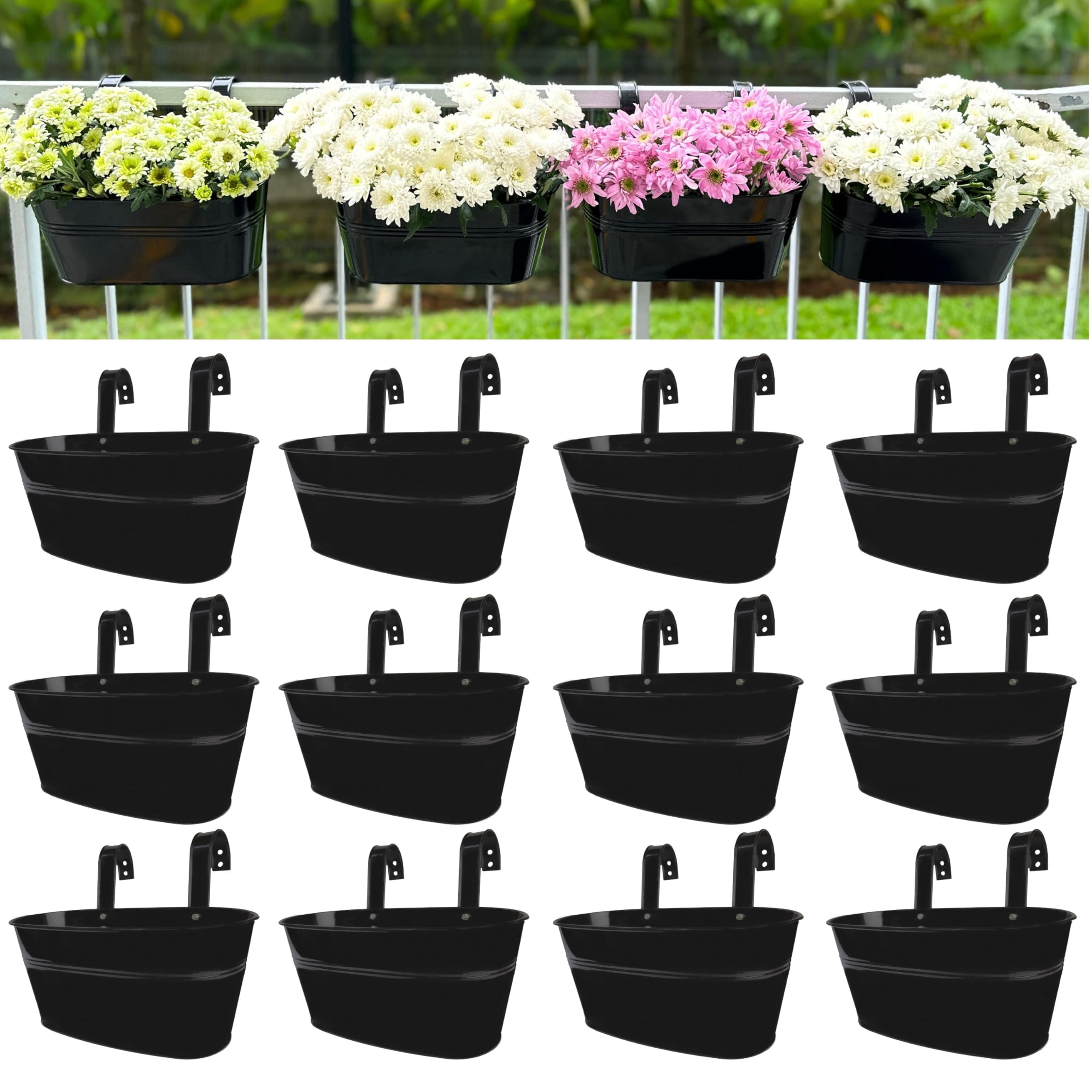 Outdoor Railing Planter 2 Pack 11.2 Inch Black Metal Hanging Flower Pots Deck Rail Fence Hanging Bucket Modern Window Box Plant Holder with Hooks Porch Decor