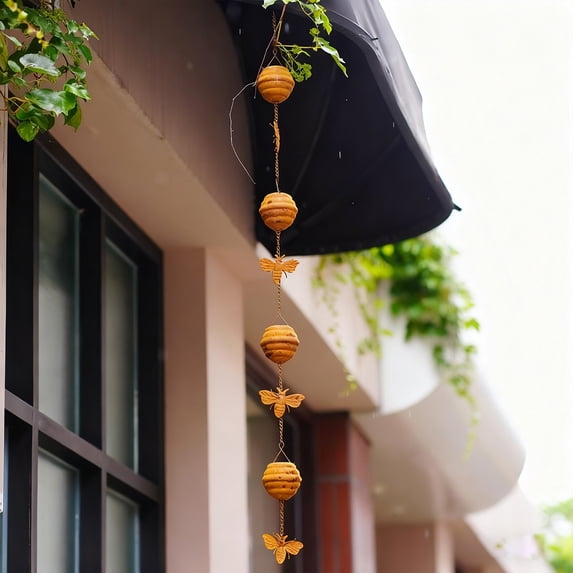 Outdoor Rain Chain Honeycomb Design Iron Yellow 47.2 in Distressed Decorative Rainwater Catcher for Patio Garden Gutter