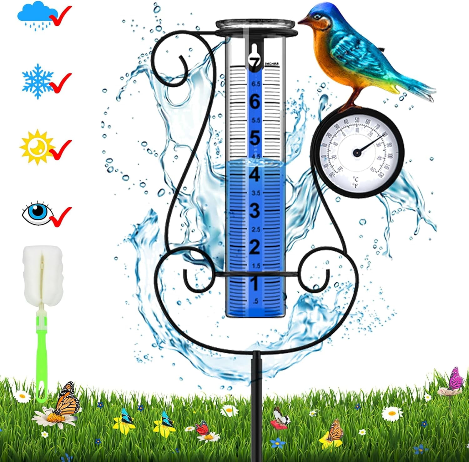 Outdoor Rain Gauge, Large Color Digital Rain Gauge with Metal Hummingbird and Temperature & Hygrometer, Height Adjustable, Large Capacity, for Garden, Deck, Lawn, Patio, Farm