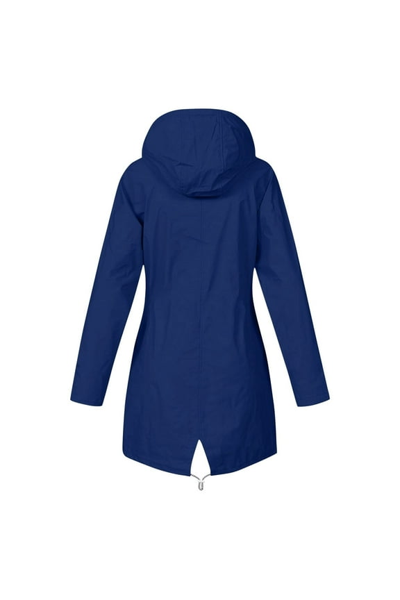 Outdoor Rain Jackets for Women with Hood Waterproof Drawstring Tunic Waist Striped Polyester Lined Windbreaker Coat (Medium, Blue)