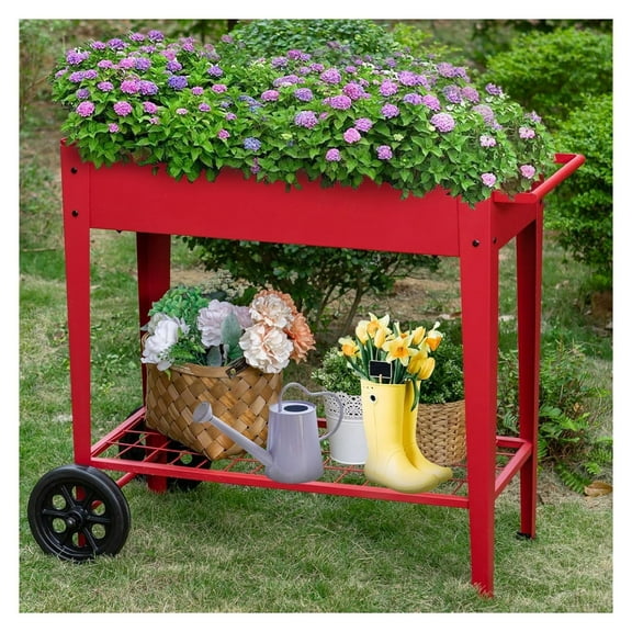 Outdoor Raised Elevated Garden Planter Box with Legs, Patio Standing Planter Bed Cart on Wheels for Gardening, Vegetables, Flower, , Red