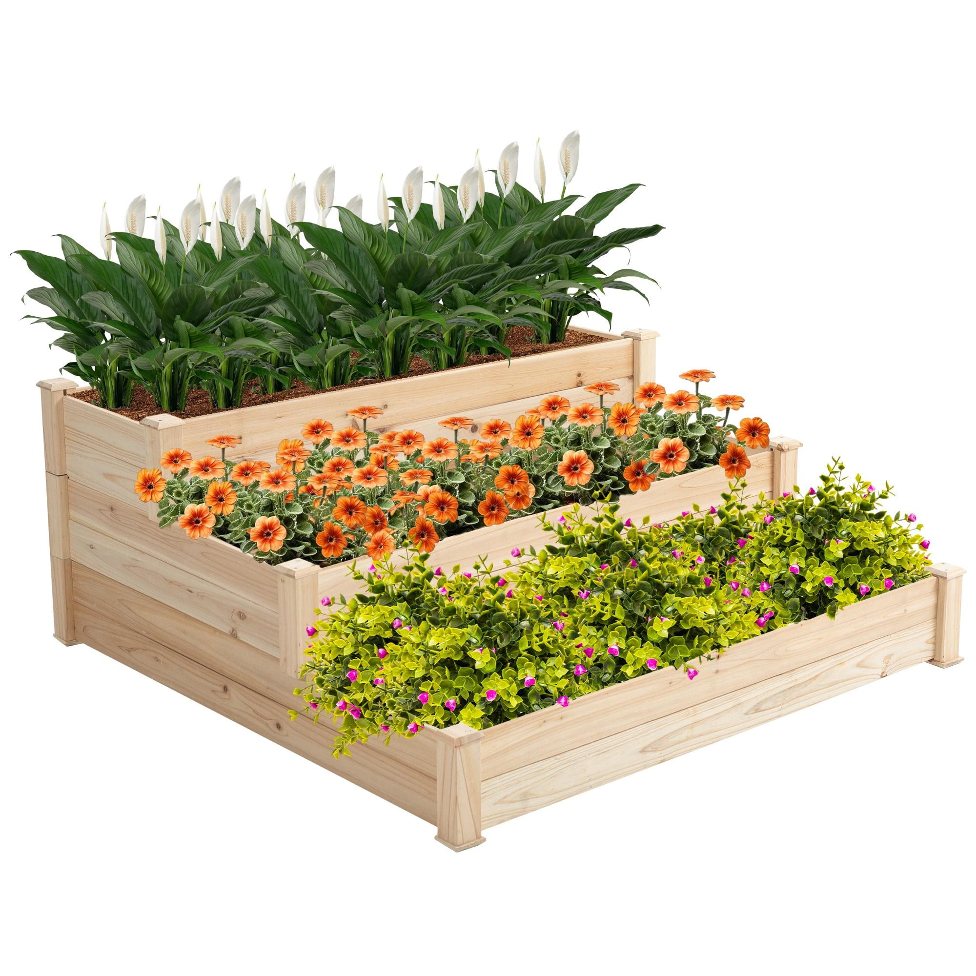 Outdoor Raised Garden Bed, 4FT x 4FT Wooden Raised Bed for Gardening, 3 ...