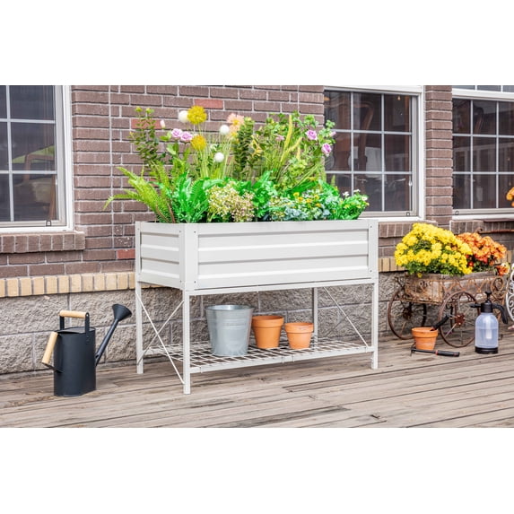 Outdoor Raised Garden Bed with Legs, Liner and Storage Shelf, Tool-Free Assembly