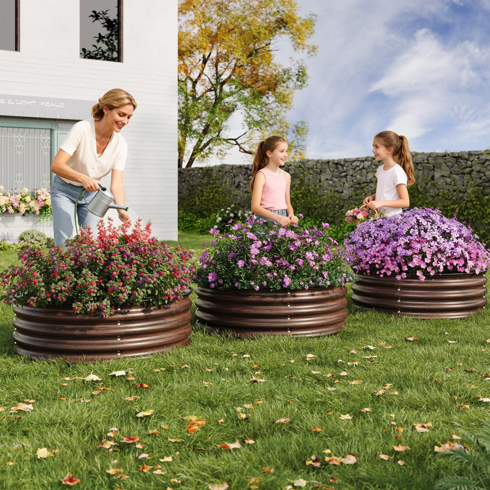 Outdoor Raised Garden Planters – 2-Pack Round Metal Flower Pots with Durable Galvanized Steel, No-Drill Setup, Safe Rubber Trim for Backyard & Balcony