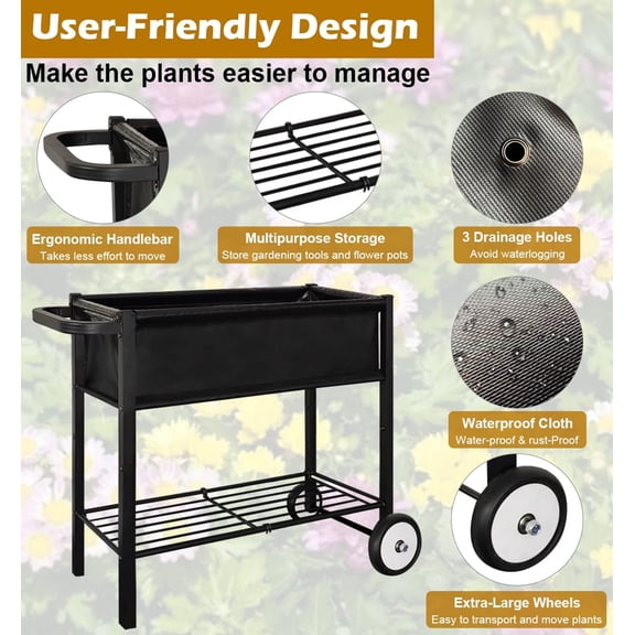Outdoor Raised Planter Bed Box with Legs for Gardening, Elevated DIY Garden Cart on Wheels for Vegetables Flower Tomato Herb Plant, Black$$Garden & Patio