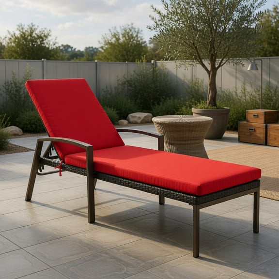 Outdoor Rattan Chaise Lounge Chair with 5-Position Adjustable Backrest, Cushioned Patio Recliner in Red, White & Turquoise Weather-Resistant Steel Frame