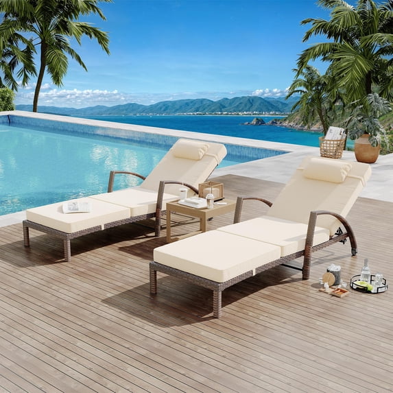 Outdoor Rattan Chaise Lounge Set of 2, 5-Position Adjustable, Folding Patio Pool Chair with Cushions, Beige
