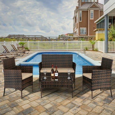 Enyopro 4-Piece Patio Furniture Set, with 2 Arm Chairs, Love Seat & Tempered Glass Coffee Table, Rattan Outdoor Conversation Chair Sets for Patio Porch Deck Balcony, Brown