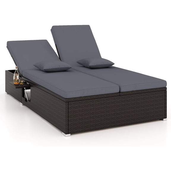 Outdoor Rattan Daybed with 6-Level Adjustable Backrests, 2-Person Adjustable Wicker Recliner Bed with Cushions & Folding Side Trays, Double Sunbed Lounger for Balcony, Backyard & Poolside