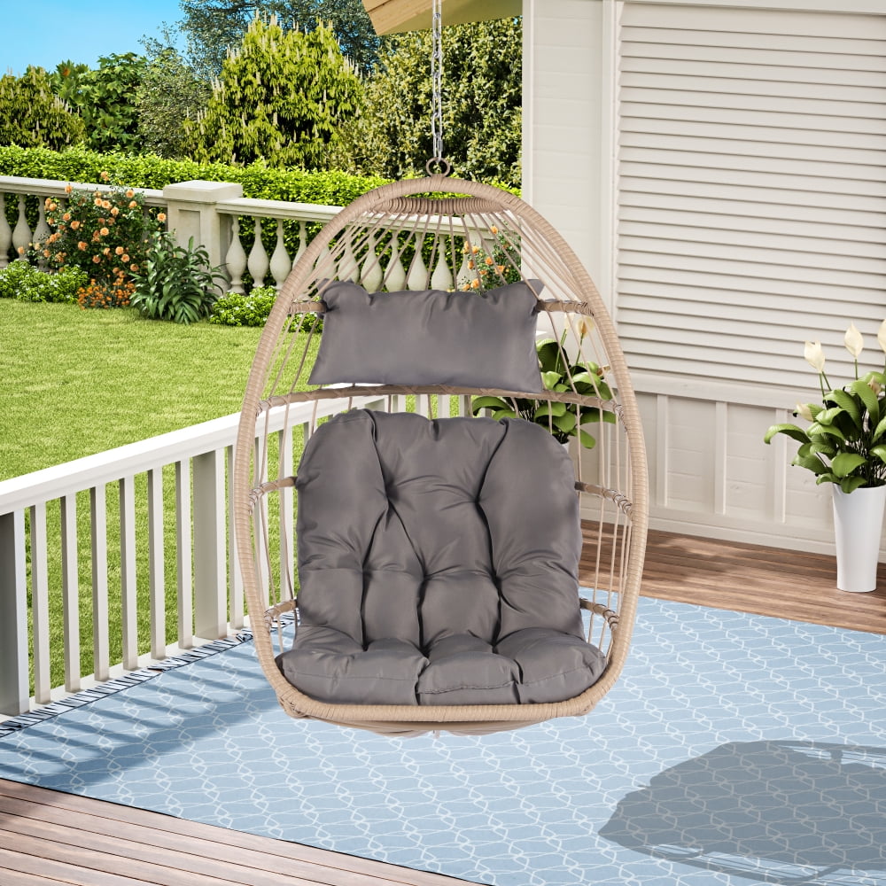 Outdoor Rattan Egg Swing Chair, Wood Hanging Chair Patio Porch Lounge Egg Swing Chair, Garden ...