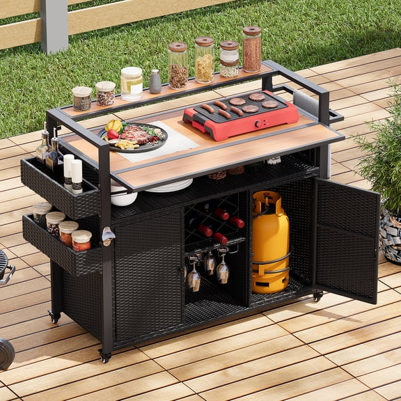 Outdoor Rattan Grill Cart w/ Foldable Poly-Wood Top, Rolling Patio Bar Table w/ Storage & Wheels