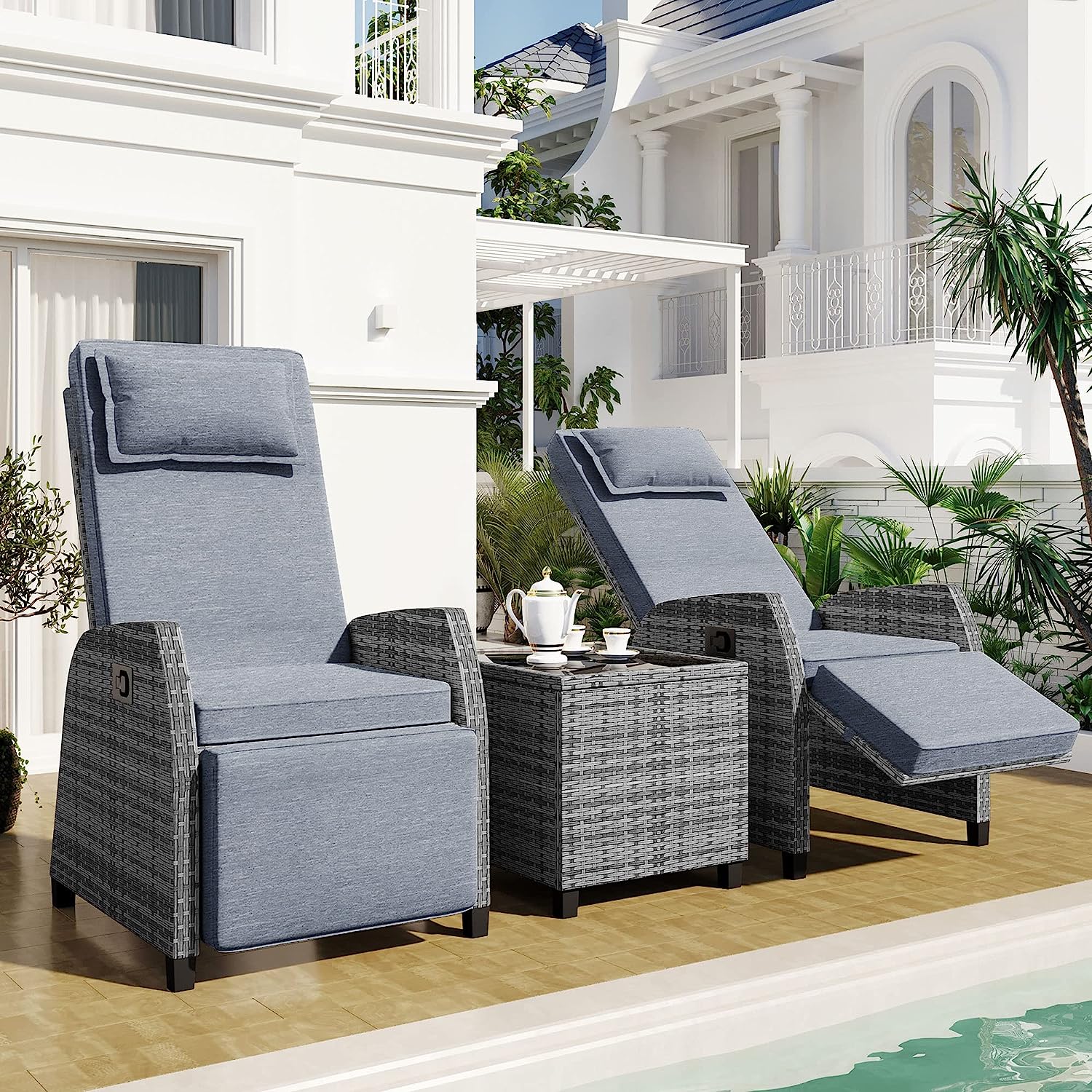 Outdoor Rattan Patio Recliner Chairs, 2-Person Chairs with Coffee Table ...