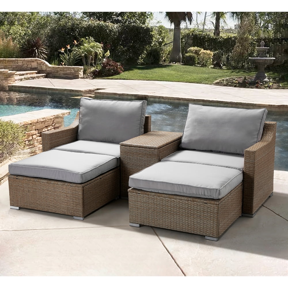 Outdoor Rattan Recliner Chair, 2Person Seating Group with Coffee Table