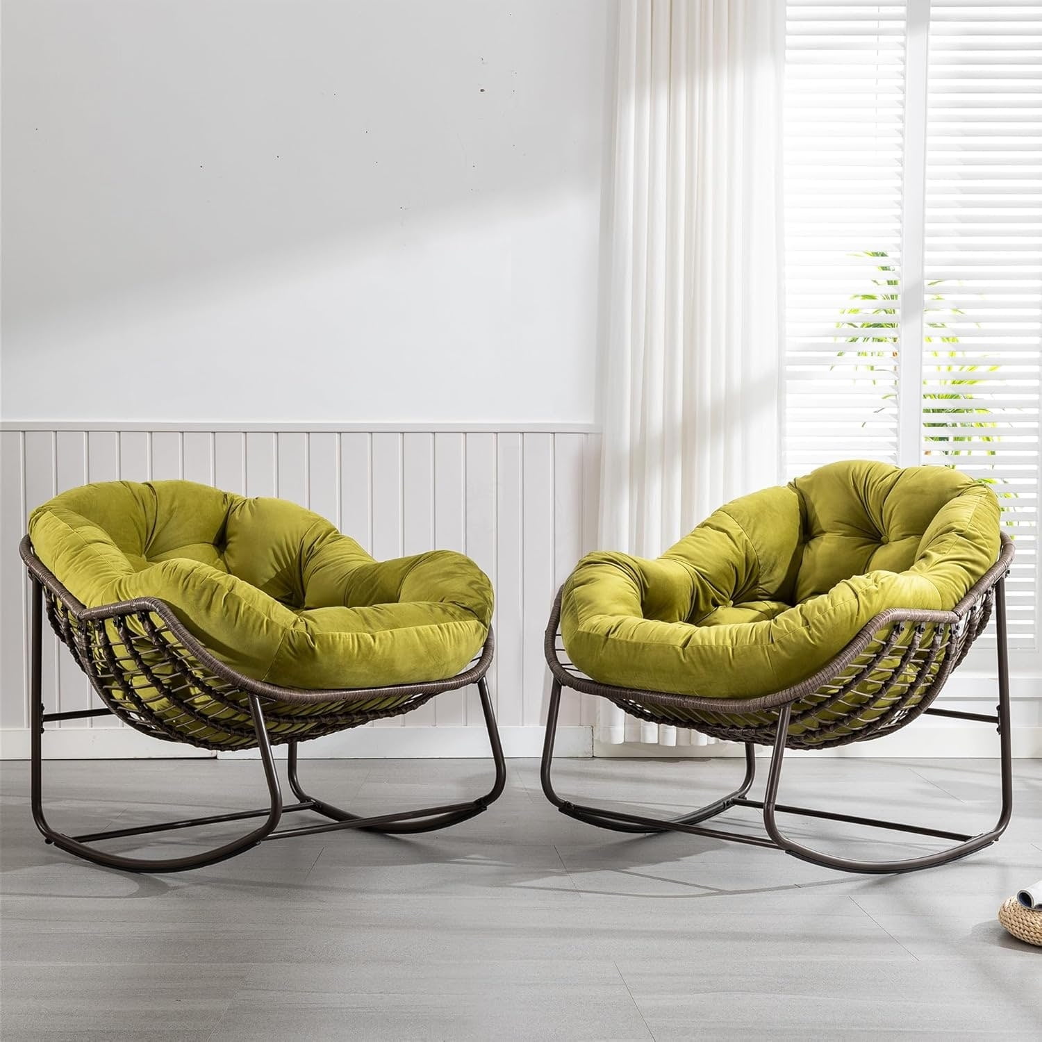 Olive Green Overstuffed Cushioned Rattan Rocking Chair Set
