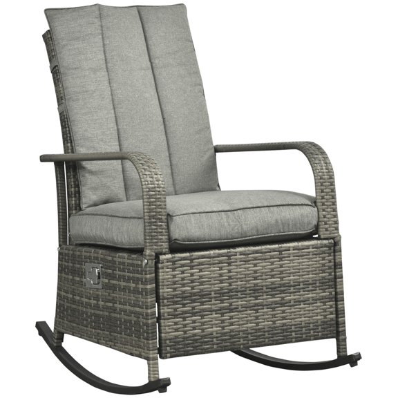 Outdoor Rattan Rocking Chair with Adjustable Footrest, 135 Degree Reclining Backrest, PE Wicker Patio Recliner with Soft Cushions, Gray, 24.75L x 33W x 37.5H