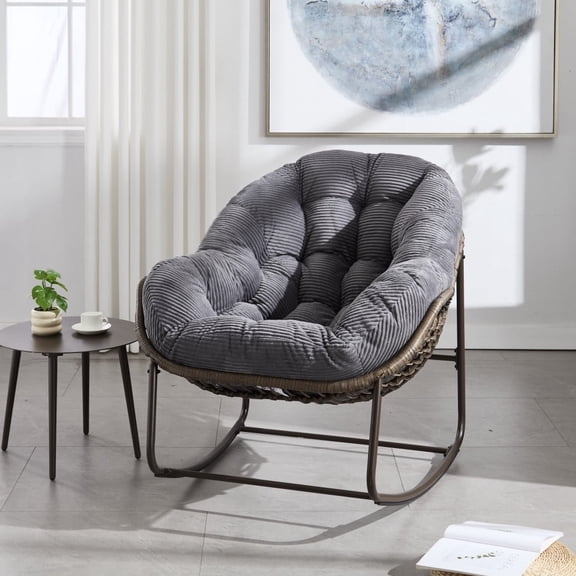 Outdoor Rattan Rocking Chair with Cushions, Recliner Rocker Chair for Front Porch, Patio, Garden or Living Room, Comfortable Wicker Chair for Indoor/Outdoor Use
