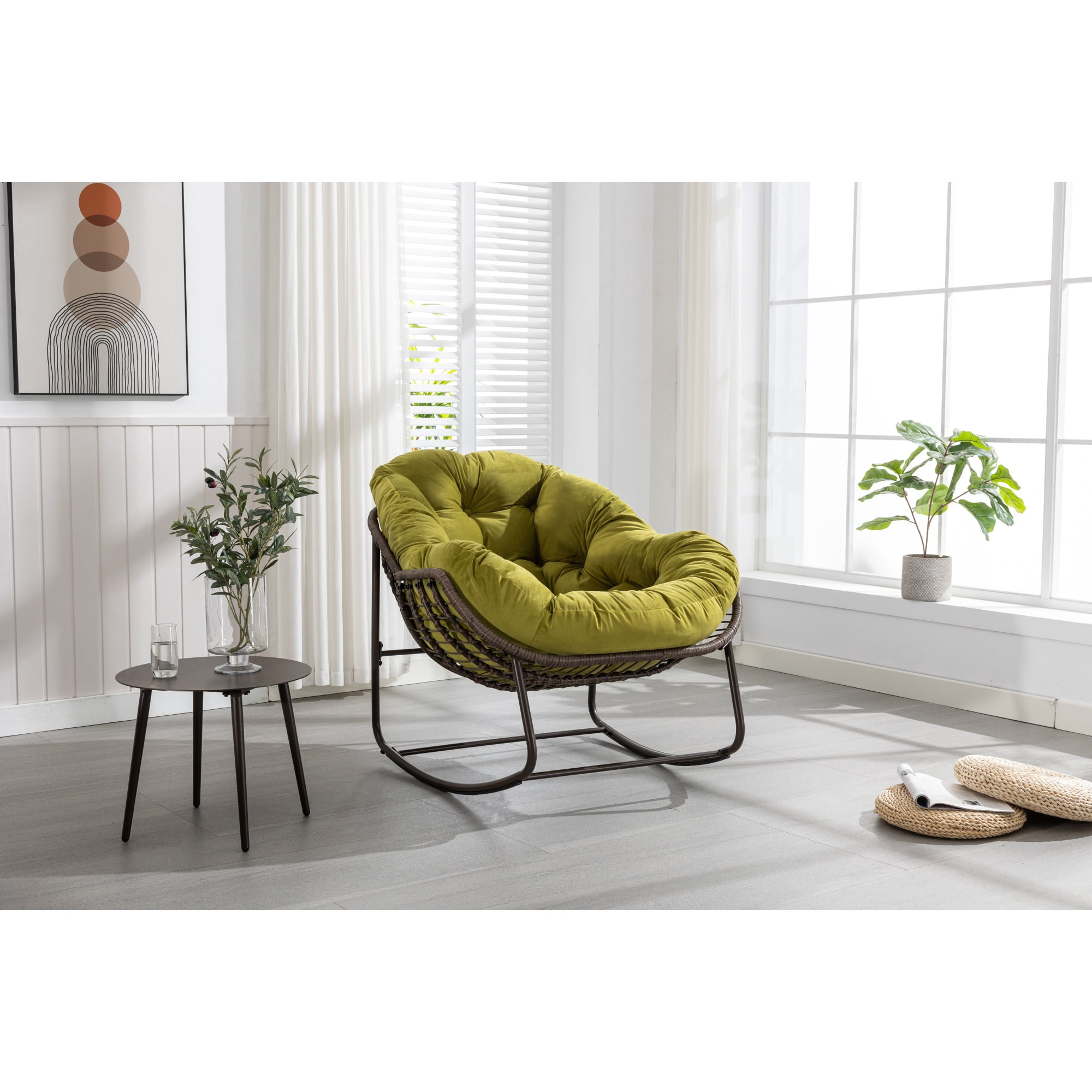 Outdoor Rattan Rocking Chair Oversized with Padded Cushion, Hand-Woven Egg Rocker Chair for Patio and Front Porch, Olive Green