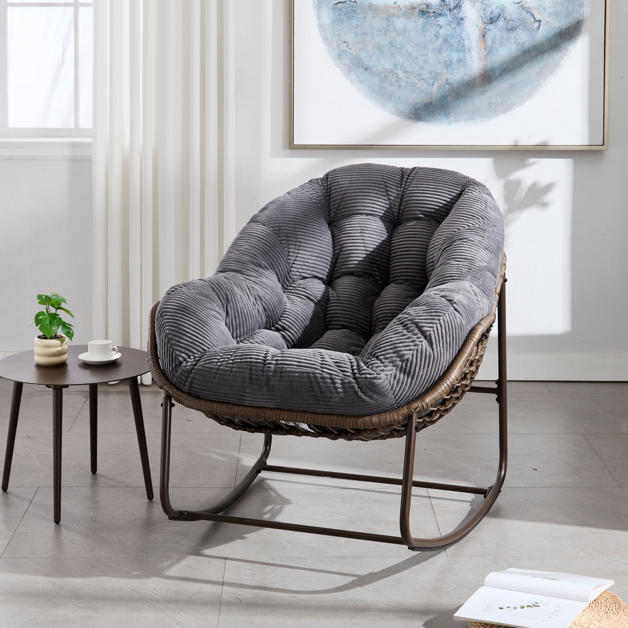 Outdoor Rattan Rocking Chair Oversized with Padded Cushion, Hand-Woven Egg Rocker for Front Porch and Garden, Grey