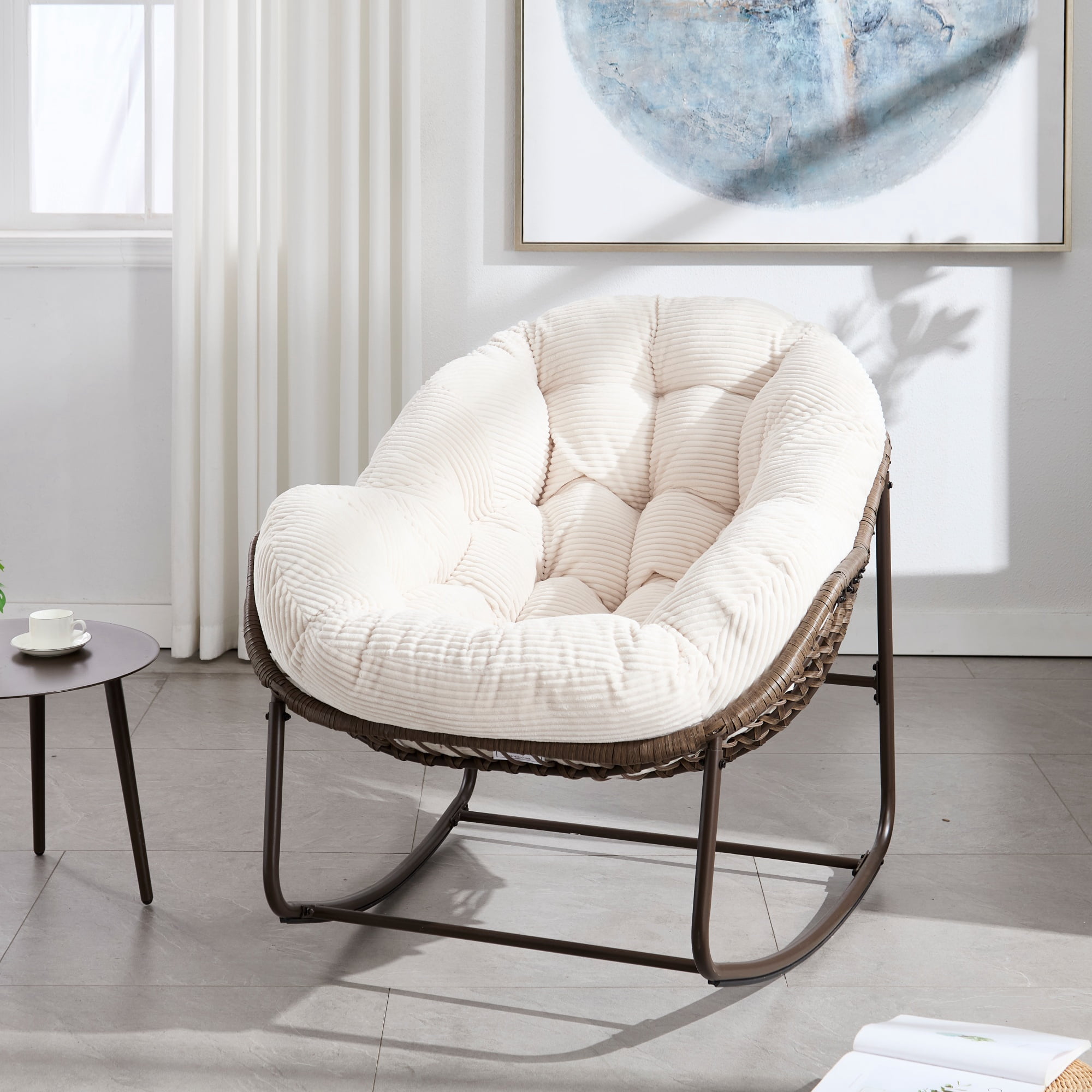 Outdoor Rattan Rocking Chair Oversized with Padded Cushion, Hand-Woven Egg Rocker for Front Porch and Garden, White