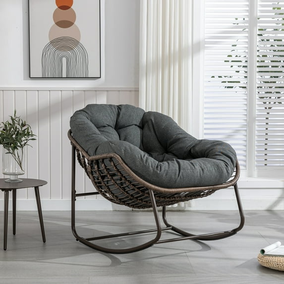 Outdoor Rattan Rocking Chair,Padded Cushion Rocker Recliner Chair Outdoor for Front Porch, Living Room, Patio, Garden, Gray