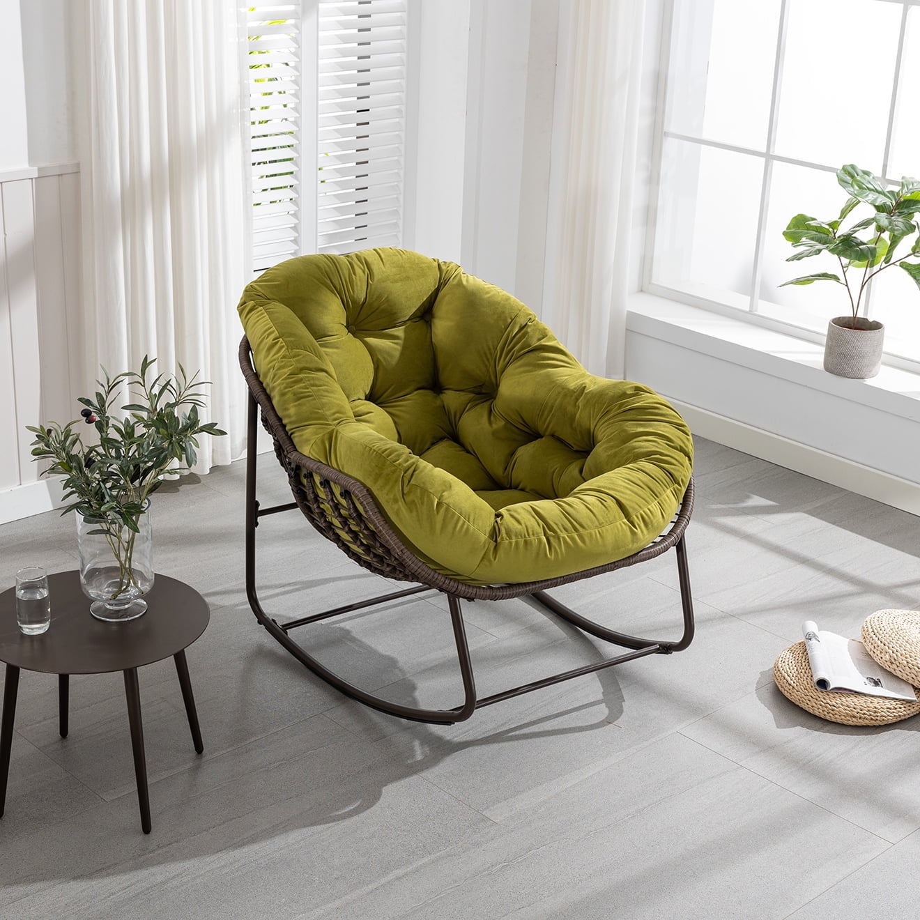 Outdoor Rattan Rocking Chair,Padded Cushion Rocker Recliner Chair ...