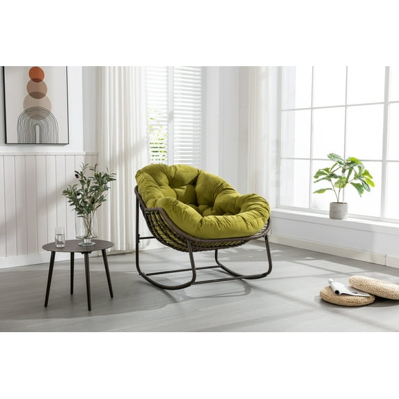 Outdoor Rattan Rocking Chair,Padded Cushion Rocker Recliner Chair Outdoor for Front Porch, Living Room, Patio, Garden, Olive Green